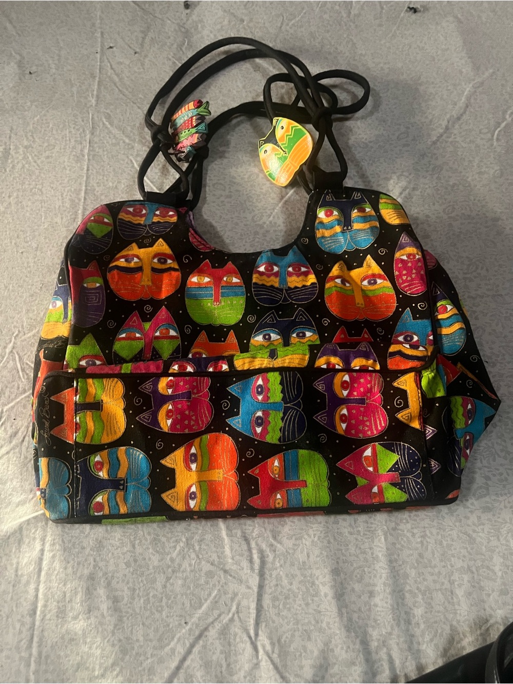 Laurel Burch Black Tote with Multicolor Cat Faces